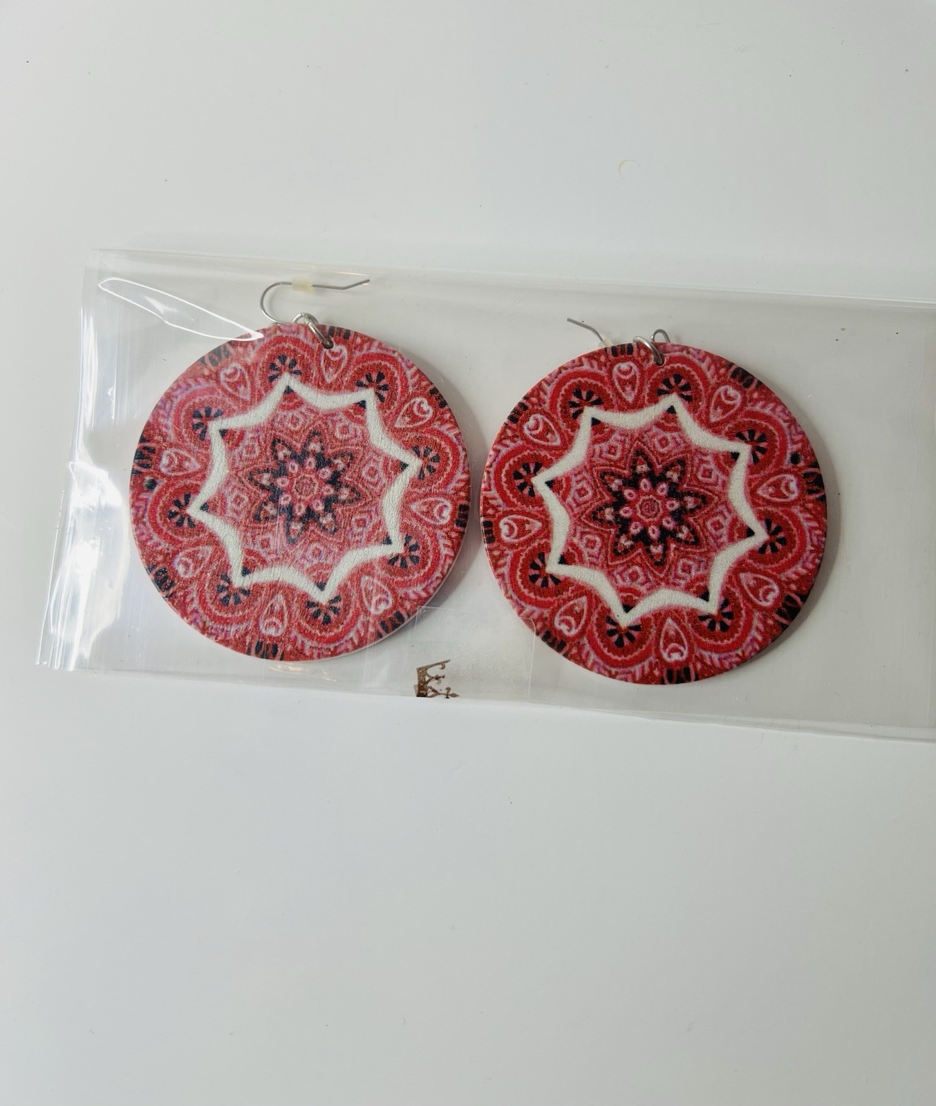 Red Mandala Pattern Round Wood Dangle Drop Earrings Hook for Lobe No Stone