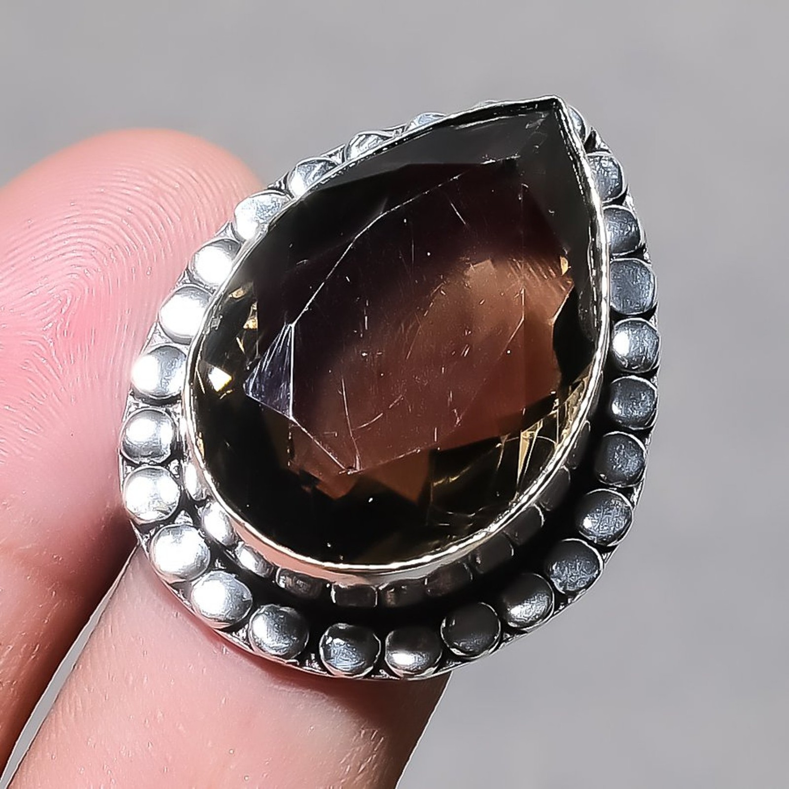 Faceted Smoky Quartz Pear Shape Gemstone Fashion Adjustable Jewelry Ring SR 2342