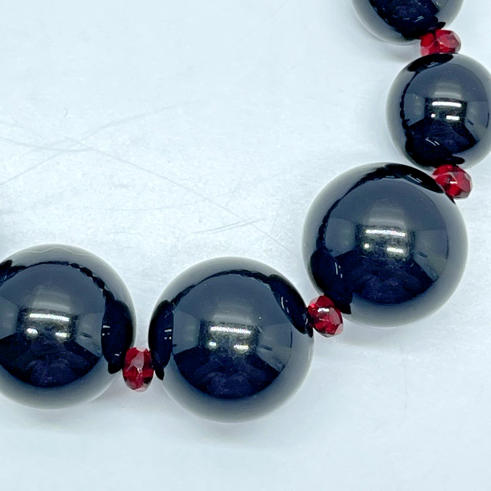 Gothic Black Beaded Necklace Graduated Bead Ruby Red Crystal Spacer Silver Tone