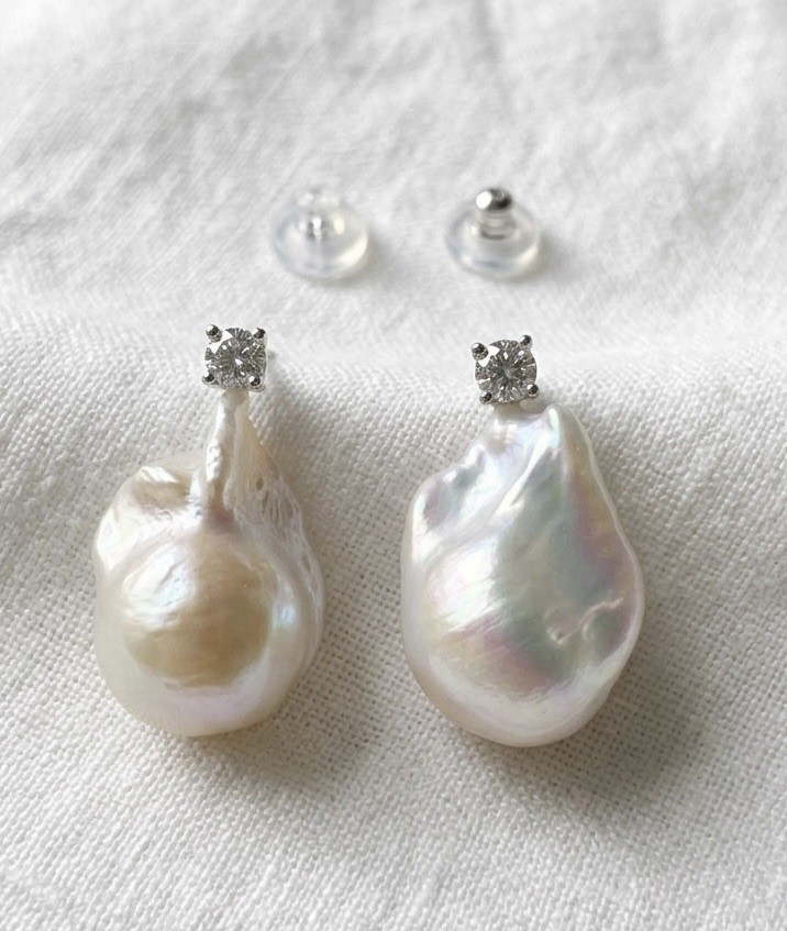 Large 12-15mm Natural Baroque Pearl & Moissanite Earrings in S925 Silver