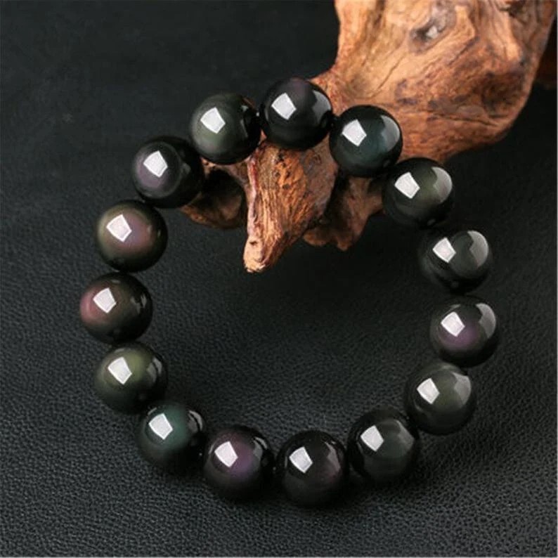 10MM Handmade Balance Round Rainbow Obsidian Bead Healing Men Women Bracelet