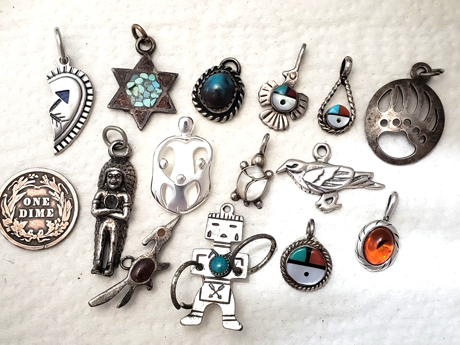 VINTAGE HAND MADE NATIVE AMERICAN SILVER CHARM LOT INLAYED ZUNI NAVAJO