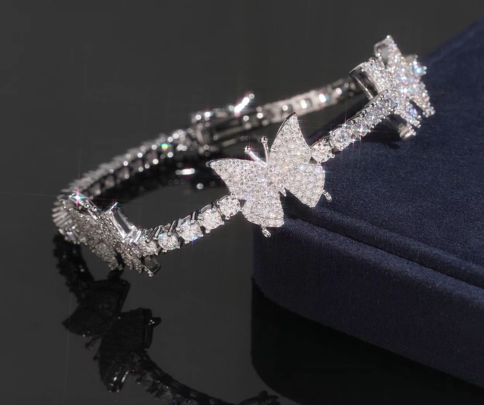 Fine Sterling Silver Womens VVS1 GRA Moissinite Butterfly Bracelet 3mm X 7.5inch