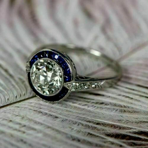 Art Deco Style Lab Created Diamond Sapphire Halo 14K White Gold FN Wedding Ring