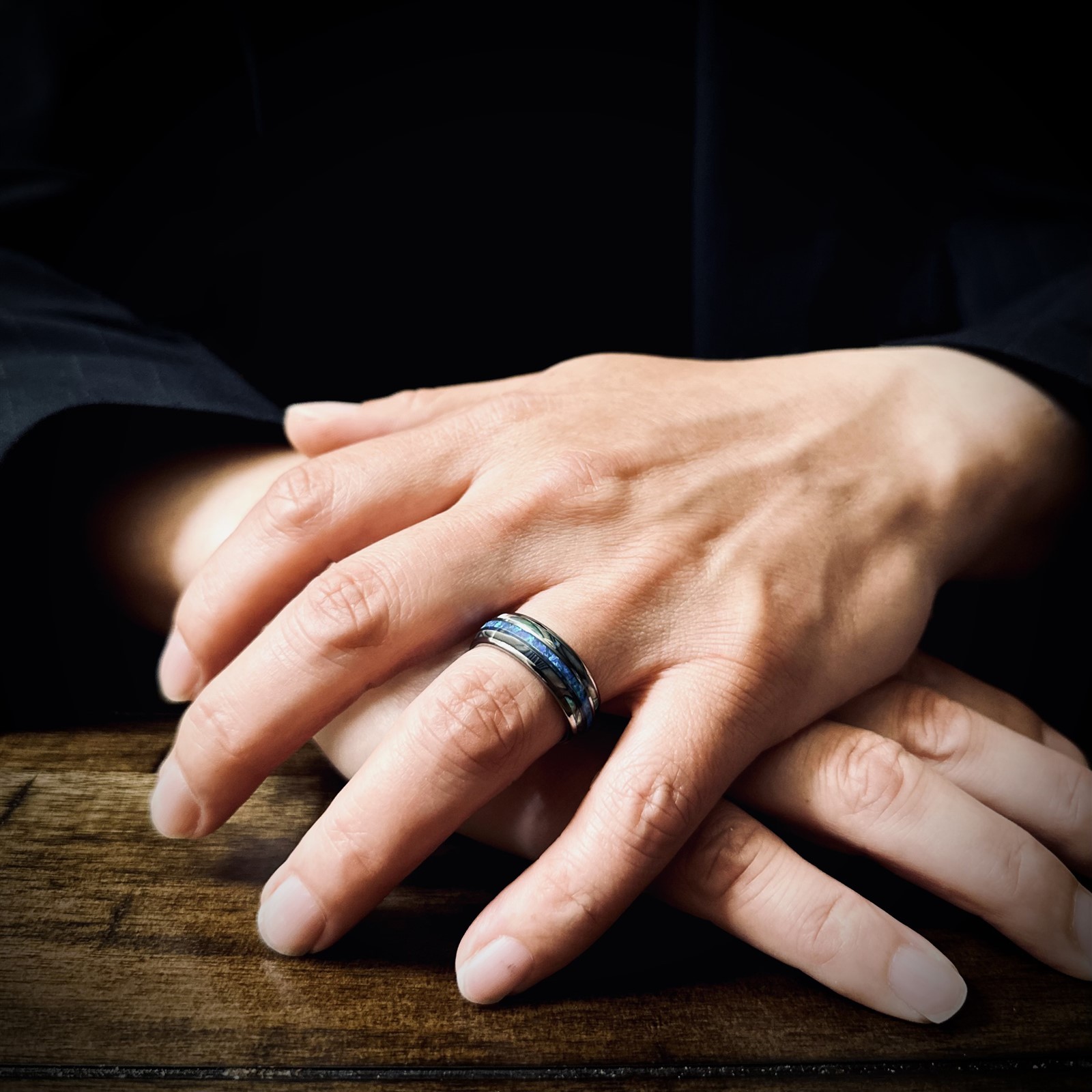 8mm Tungsten Carbide Men’s Abalone and Hawaiian Blue Opal Wedding Band Ring