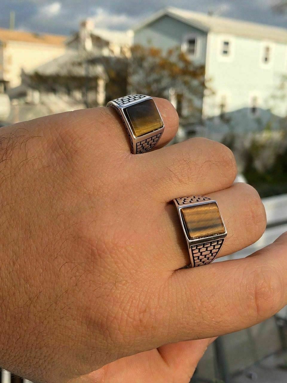 Mens Real Solid 925 Sterling Silver Tiger Eye Square Ring Size 7 8 9 10 11 12 13
