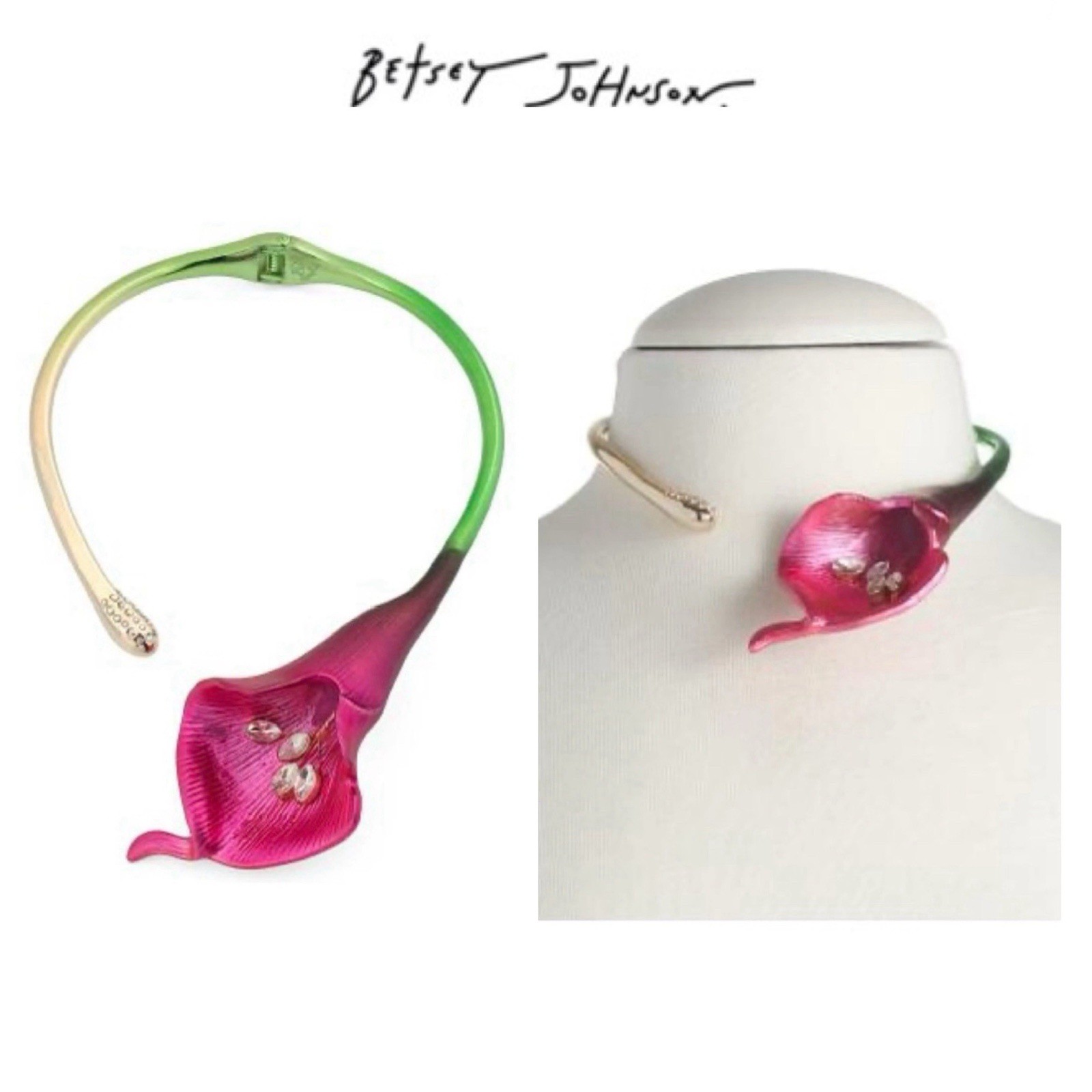 NWT Betsey Johnson CALLA LILY Gold Tone Stones Metallic Ombré Collar Necklace
