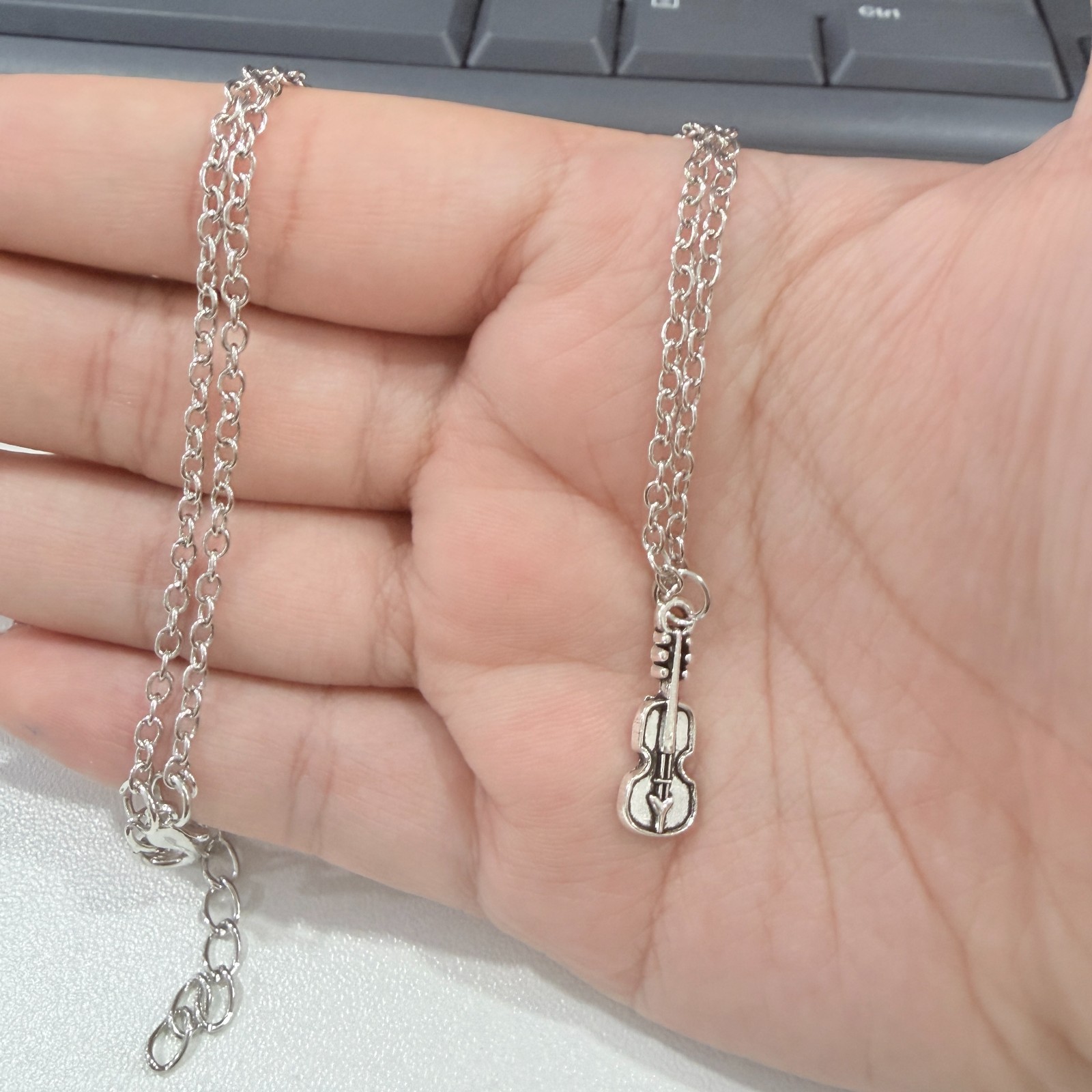 Silver Tiny Violin Pendant Adjustable Necklace | 16″ + 2″ Extender
