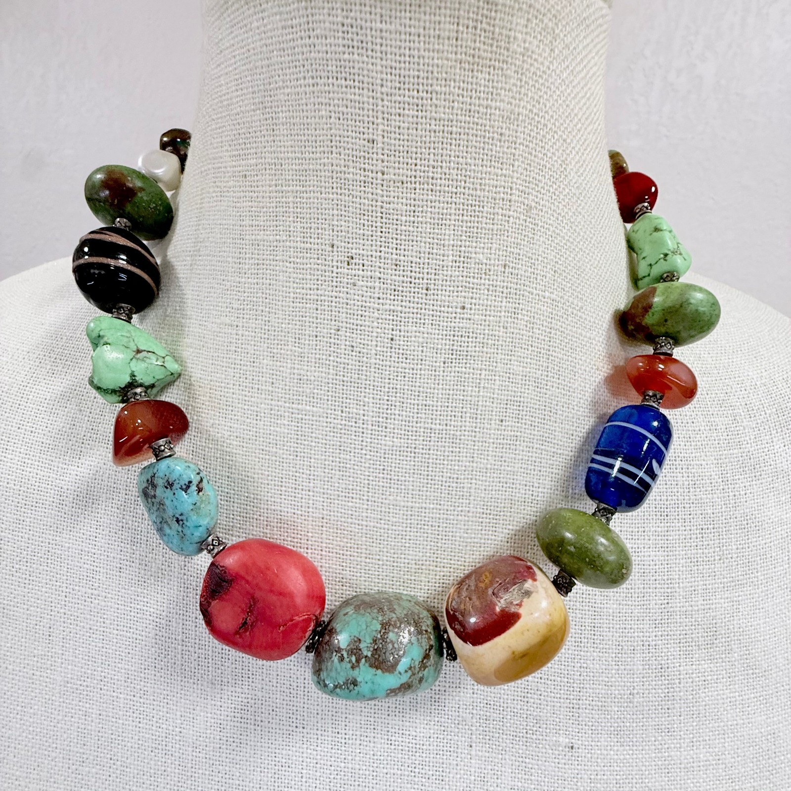Vintage Mixed Stone Pearl & Tested 800 Silver Bead Necklace 16.5″