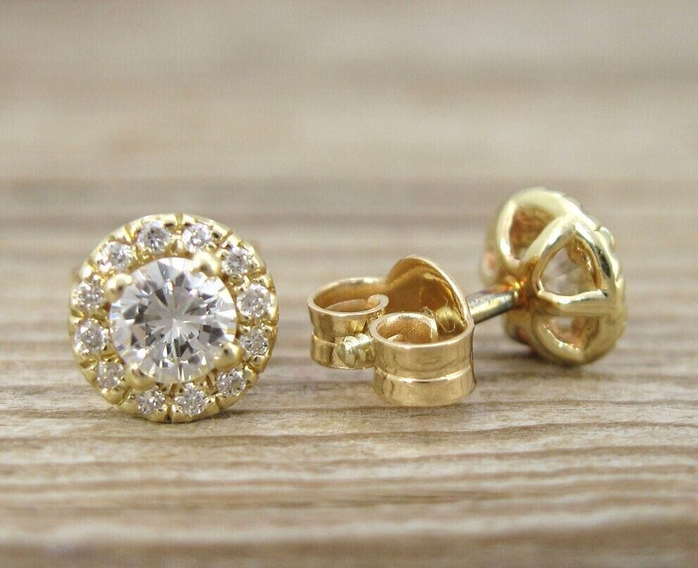 Round Cut Simulated Diamond Gorgeous Halo Stud Earring In 14k Yellow Gold Plated