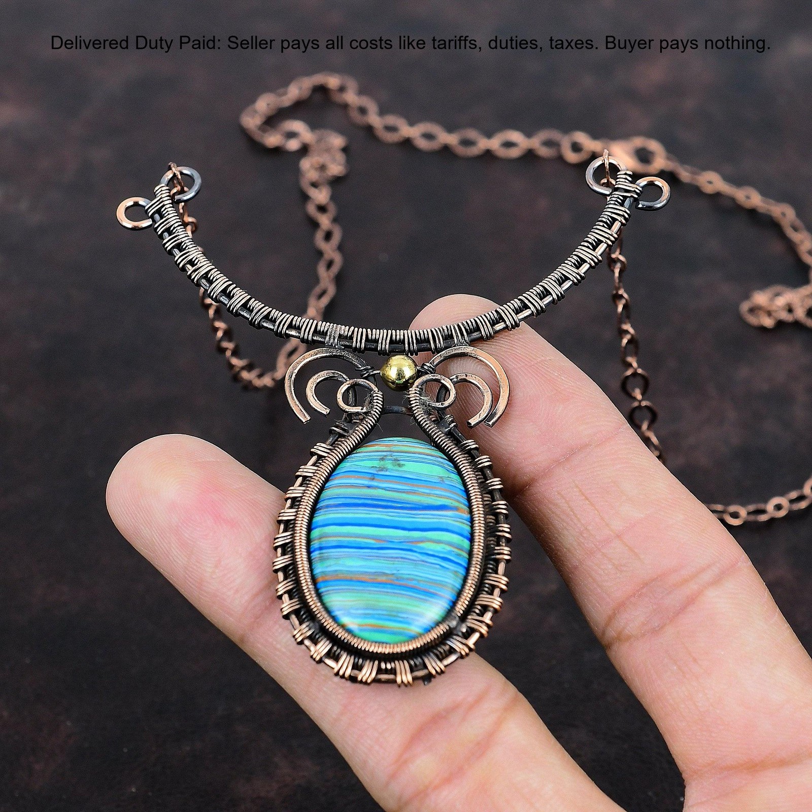 Copper Rainbow Calsilica Stone Chain Wire Wrapped Engagement Necklace Jewelry