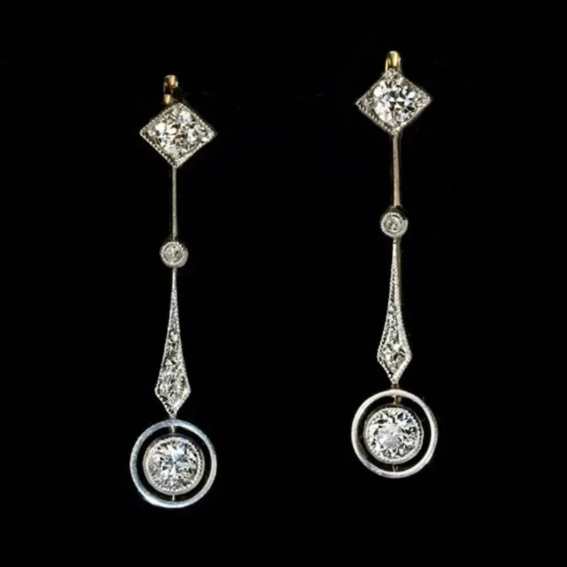 Art Deco Brilliant Cut Lab Created Diamond 14K White Gold Plated Dangle Earrings