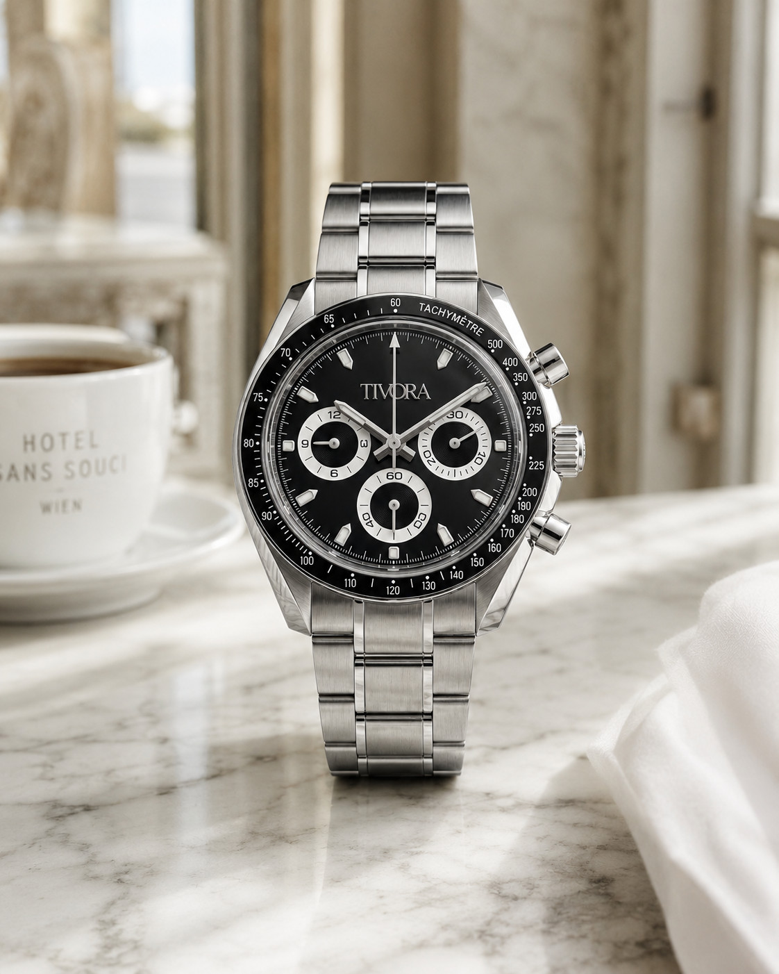 TÍVORÁ Veyron Argent Steel Onyx Dial – Custom Branded Automatic Chronograph Watc