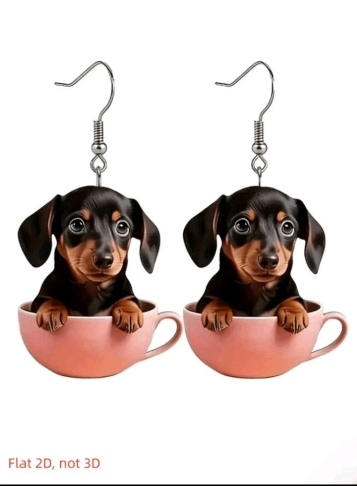 Acrylic Dachshund in Teacup Dangle Drop Earrings Hook No Stone Lightweight