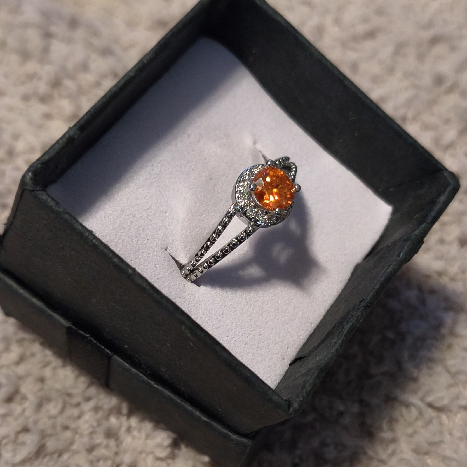 Silver Halo Ring Round Orange Moissanite Stone Adjustable