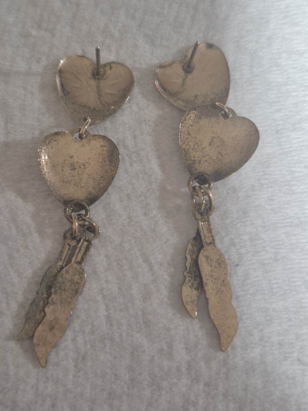 Vintage Southwestern Double Heart Dangle Earrings Goldstone Feather Boho