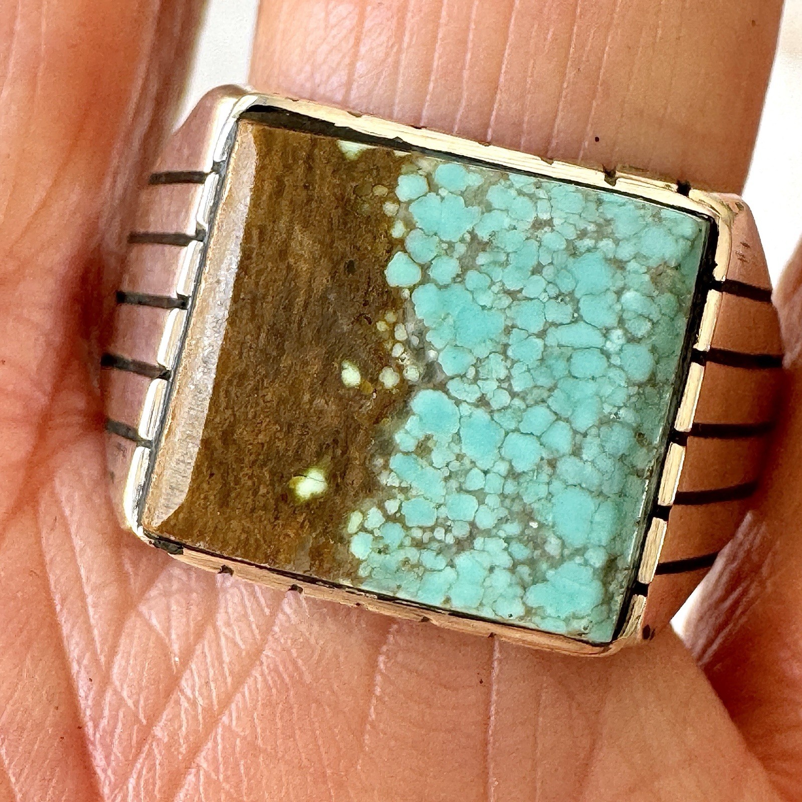 Navajo Turquoise Mens Ring Sz 12.5 Rectangle Signed Jack Sterling 14mm