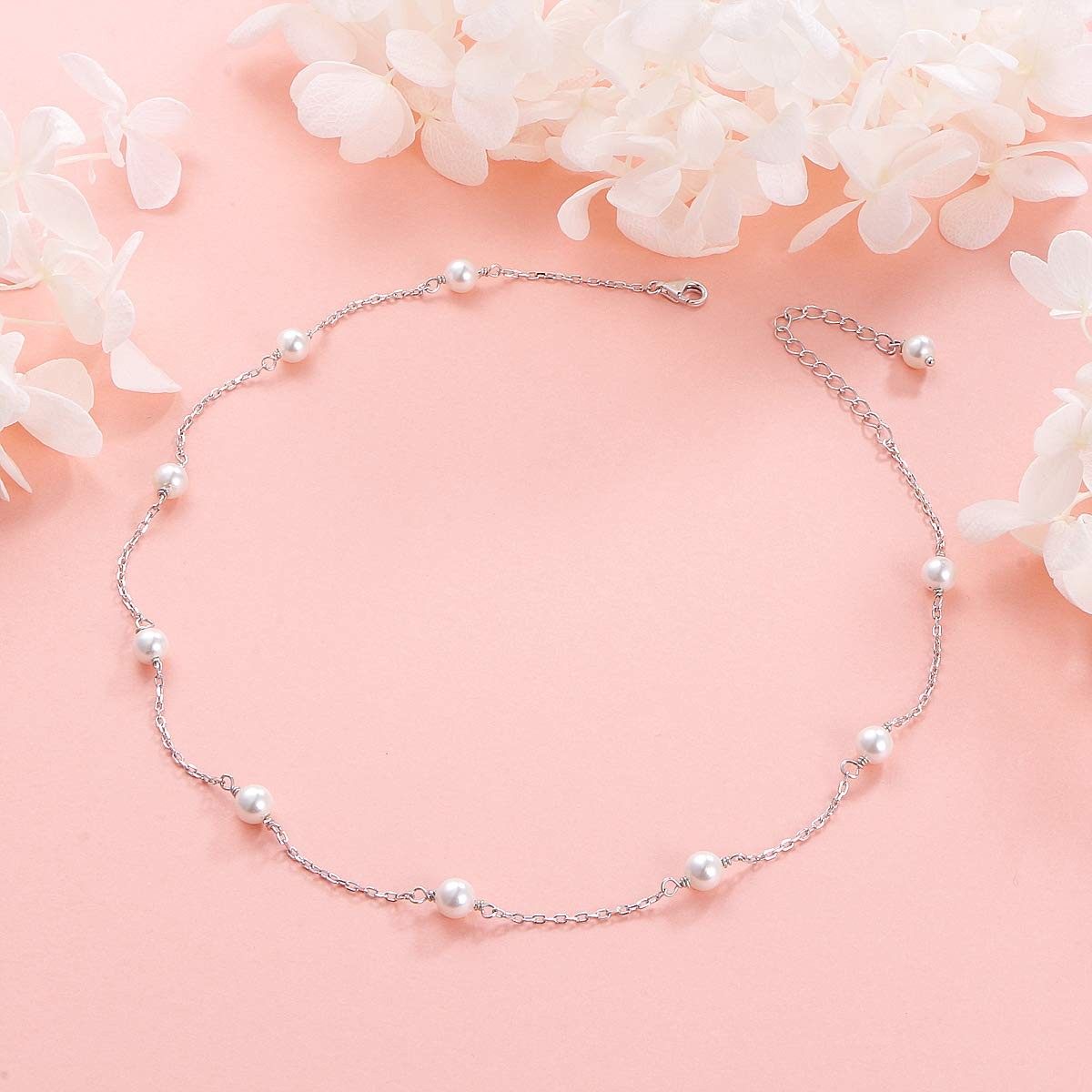 S925 Sterling Silver Pearl Choker Short Dainty Necklace Pendant for Women Jew…
