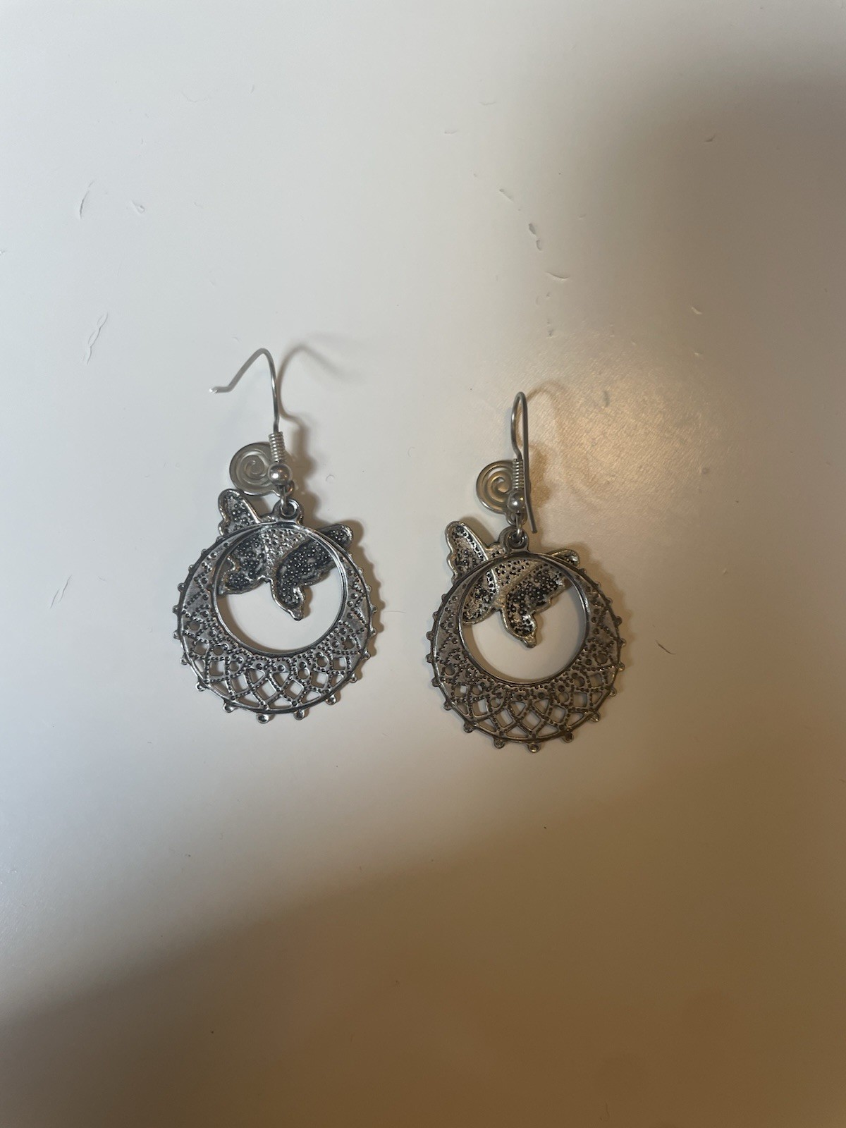 Silver Tone Filigree Butterfly Dangle Drop Earrings Hook Closure No Stone