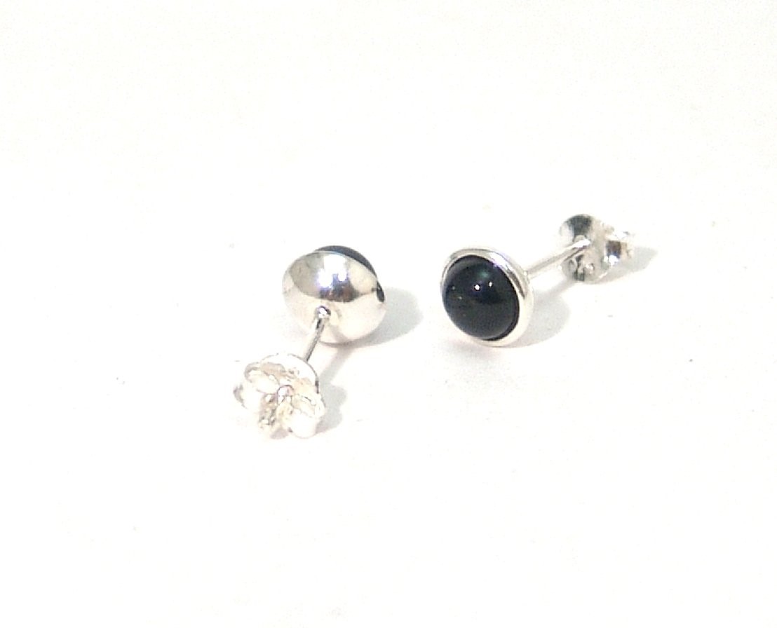 Sterling Silver Black Onyx Stud Earrings Hand Polished Bezel Set 5mm SMALL SMALL