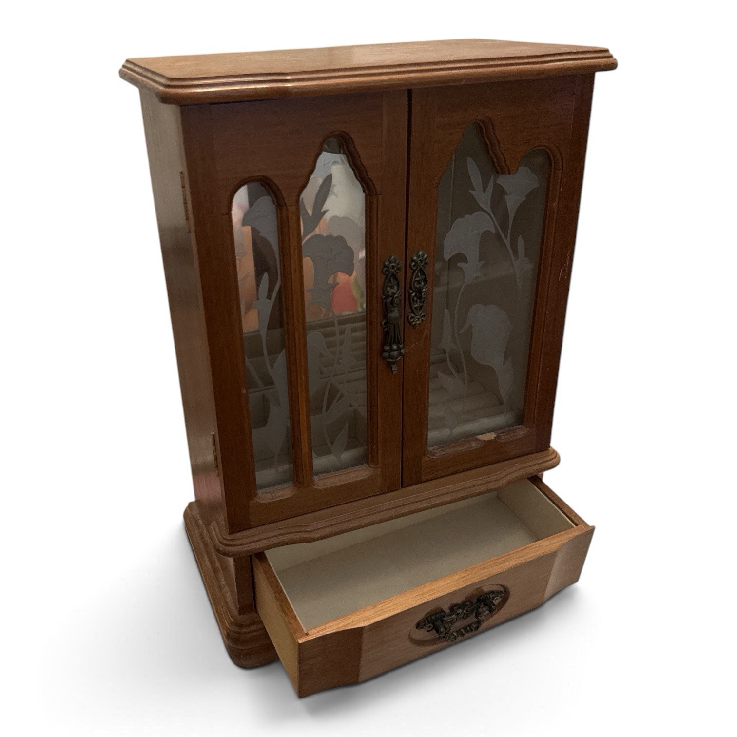 Vintage Wood & Glass Jewelry Box Cabinet w/ doors Mirror, Velvet Lined Drawer
