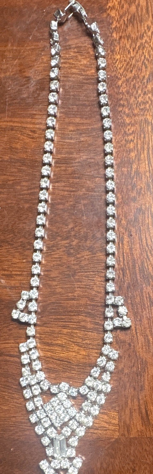 VTG 1950s Clear Rhinestone Bib Necklace Choker Silver Tone Unsigned
