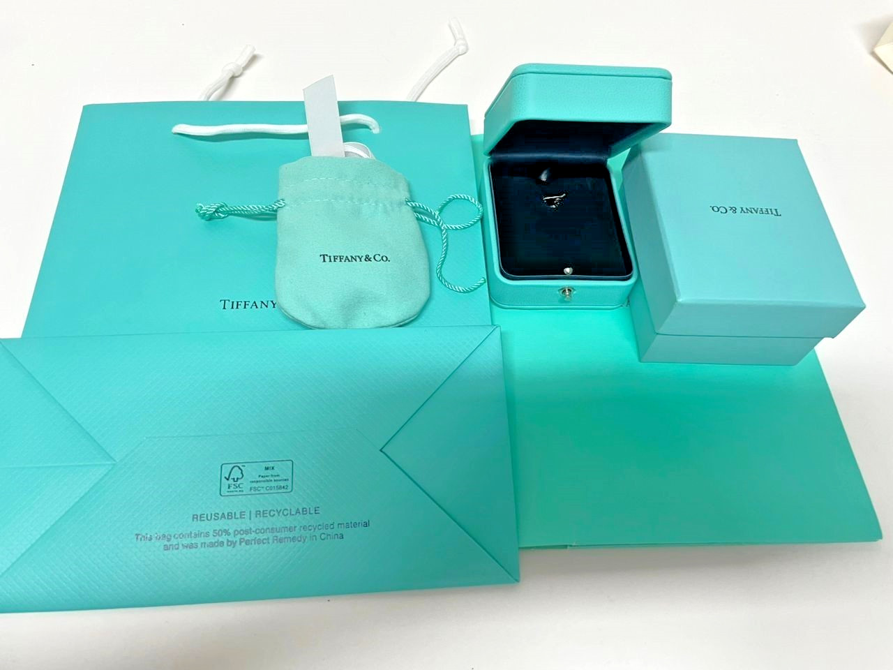 TIFFANY & CO. BLUE LEATHER PRESENTATION NECKLACE GIFT BOX, CASE, AND BAG