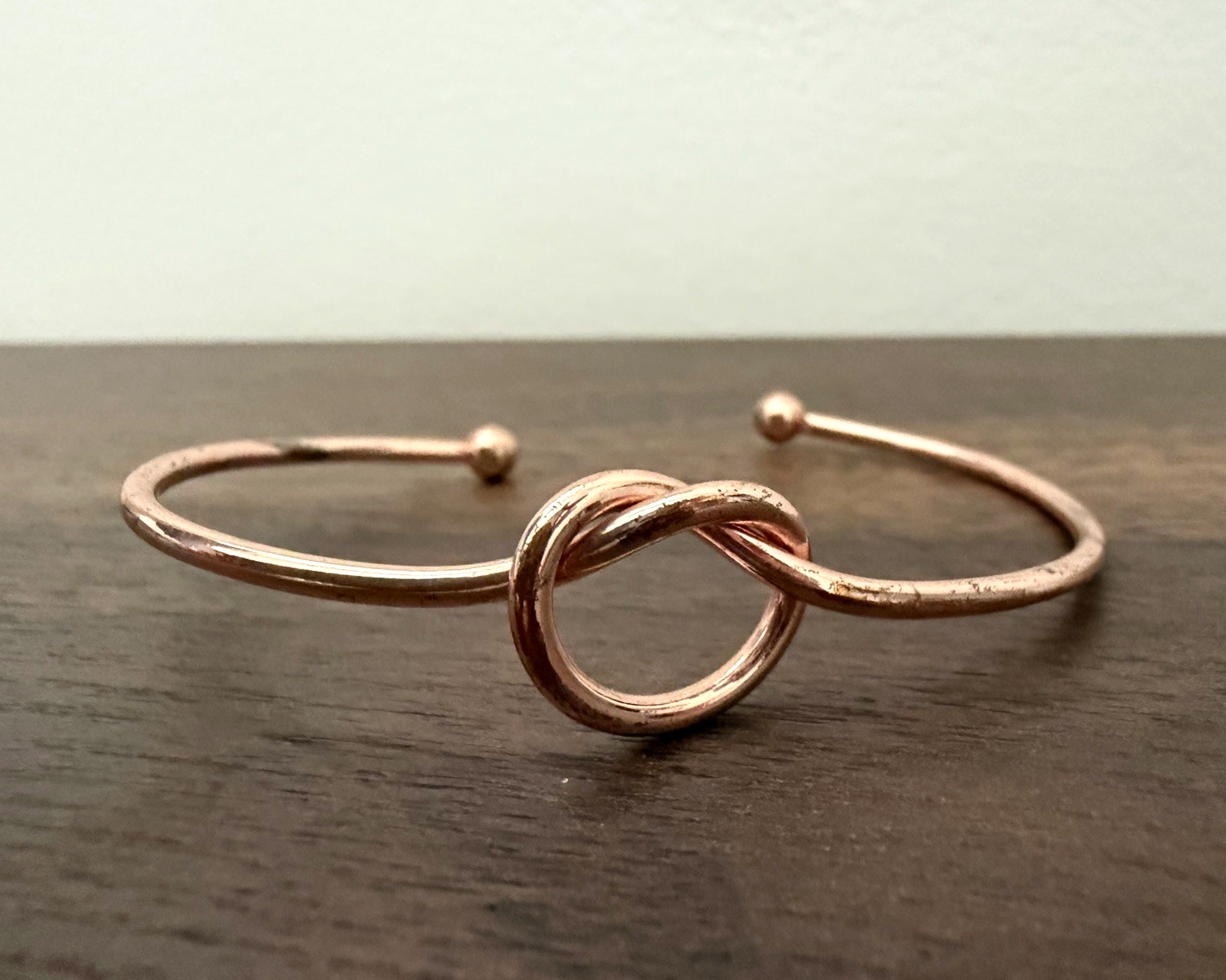 Rose Gold Tone Love Knot Cuff Bracelet Minimalist Open Bangle Adjustable Medium