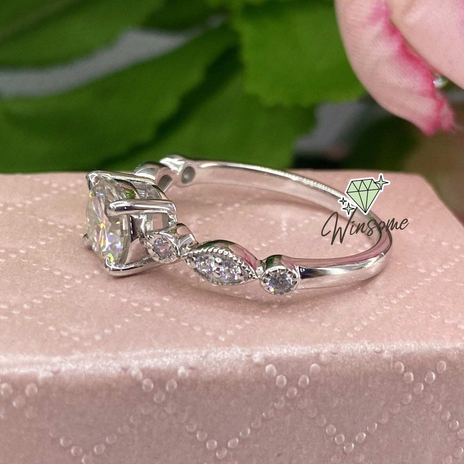 Round Moissanite Solitaire With Accents Anniversary Ring 14k White Gold Plated