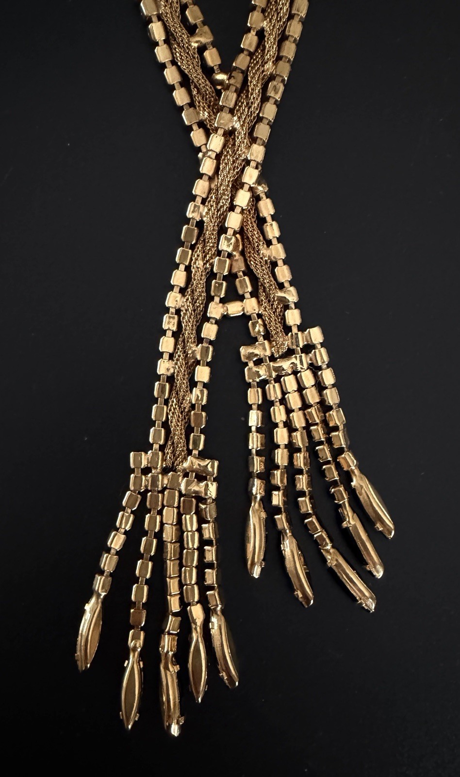 Vtg 50’s 60’s Fixed Lariat Waterfall Necklace Gold Mesh Black Rhinestone Tassel!