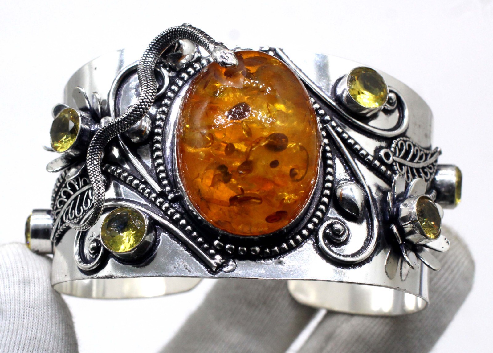 925 Sterling Silver Baltic Amber & Citrine Gemstone Jewelry Cuff Bracelet Sz-ADJ