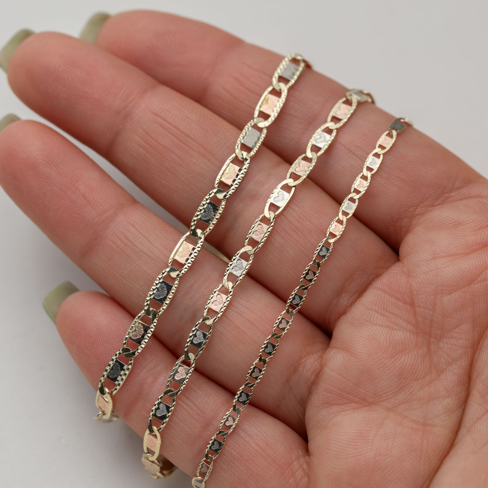 10K GOLD Heart Textured Valentino Link Bracelet Tri-Color Gold All Sizes