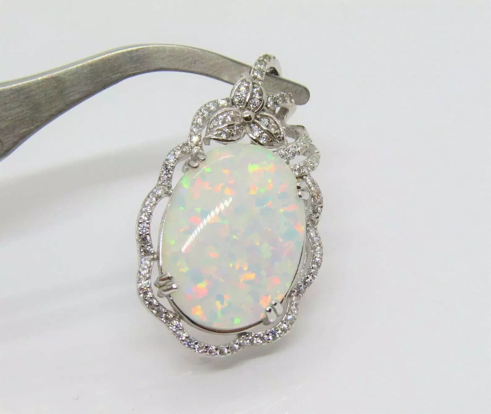 3Ct Oval Cut Fire Opal Pendant 14K White Gold Finish