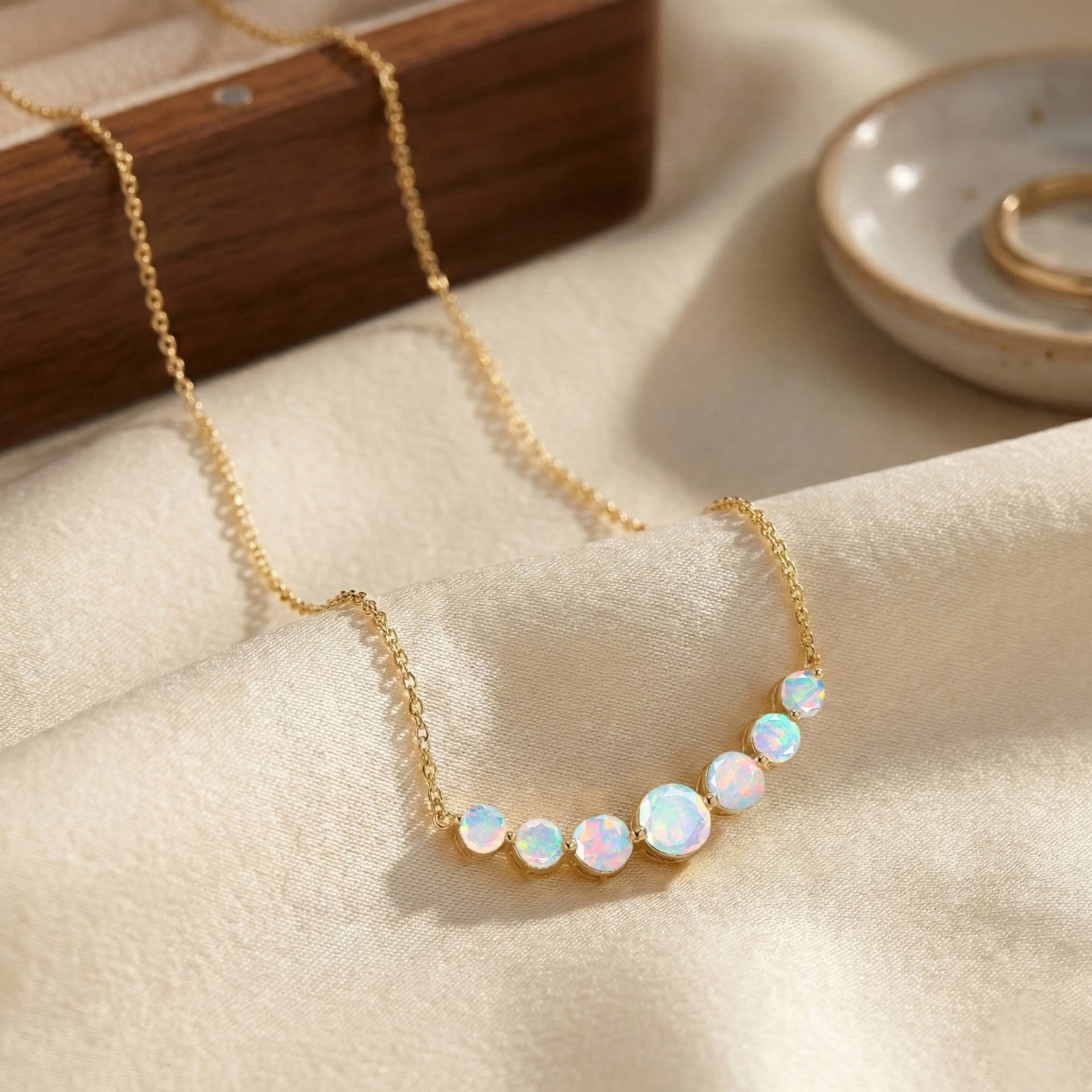 White Fire Opal Gemstone Bar Necklace, AAA White Opal Gemstone Chain Pendant