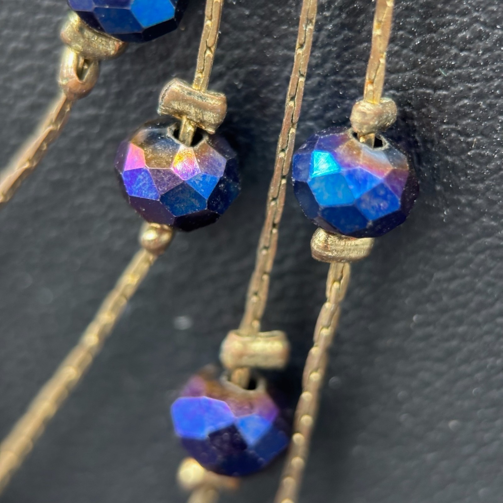 Vintage Multi-Strand Gold Silk Thread Iridescent Blue Glass Beads Several Layer