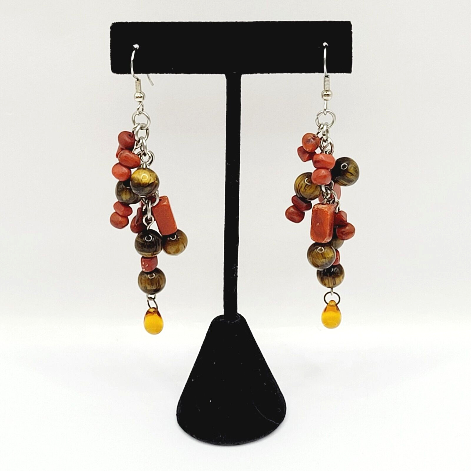Modern Multi Shape Natural Stone Glass End Long Drop Dangle Hook Pierced Earring