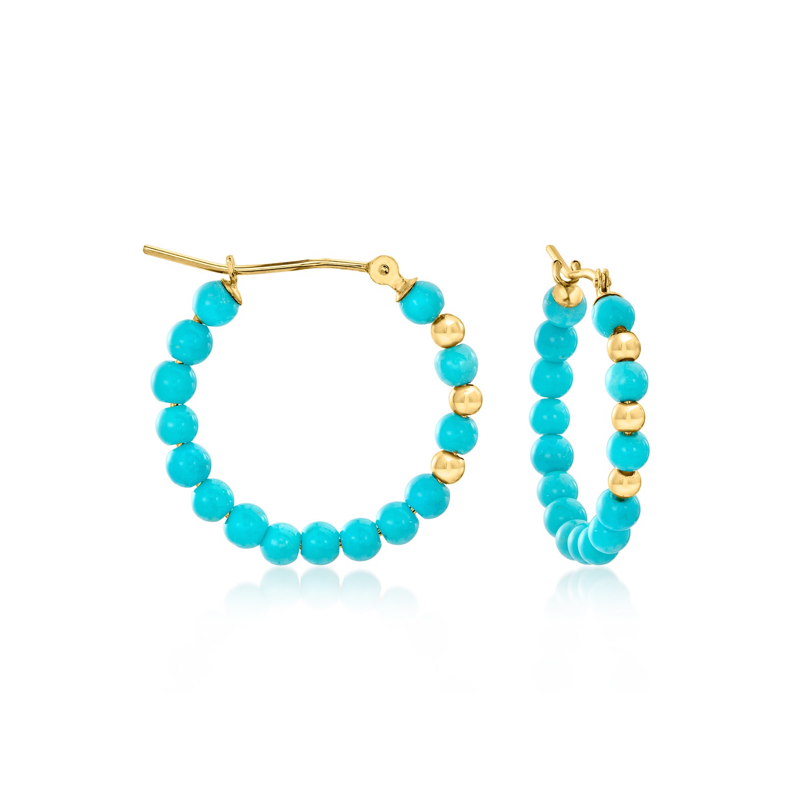 3-3.5mm Turquoise Bead Hoop Earrings with 10kt Yellow Gold. 3/4 inches