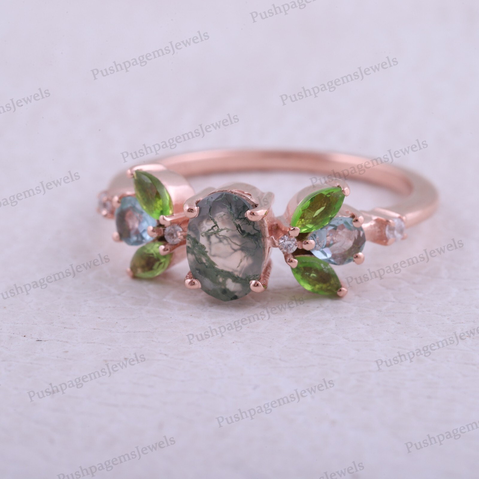 925 Sterling Silver 8×6 Oval Shape Natural Moss Agate Ring Cluster Aqua Peridot