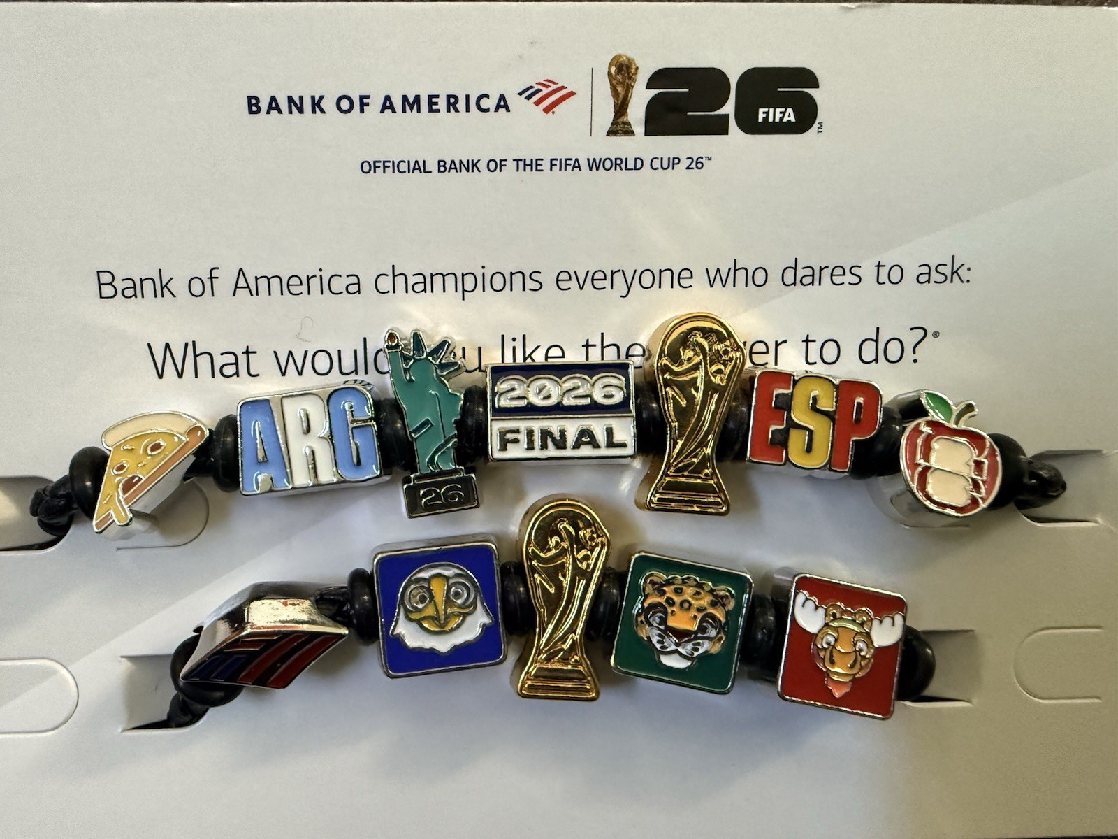 Fifa world cup bank of america bofa bracelets new york charms arg esp 2026 final