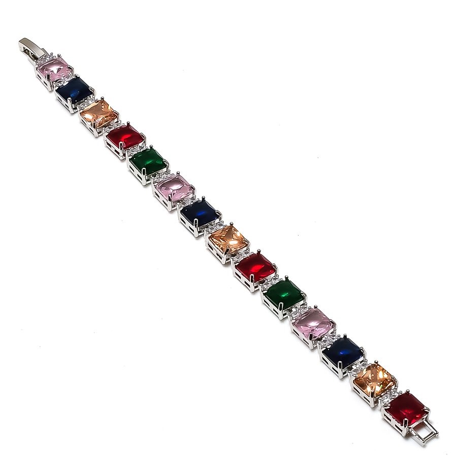 Faceted Multi Cut Stone Handmade 925 Sterling Silver Jewelry CZ Bracelet 7″ t255