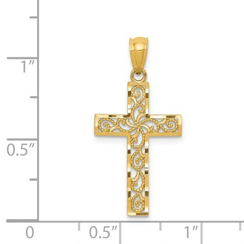 14K YELLOW GOLD DIAMOND-CUT OPEN FILIGREE CROSS CHARM PENDANT 1.06 INCHES