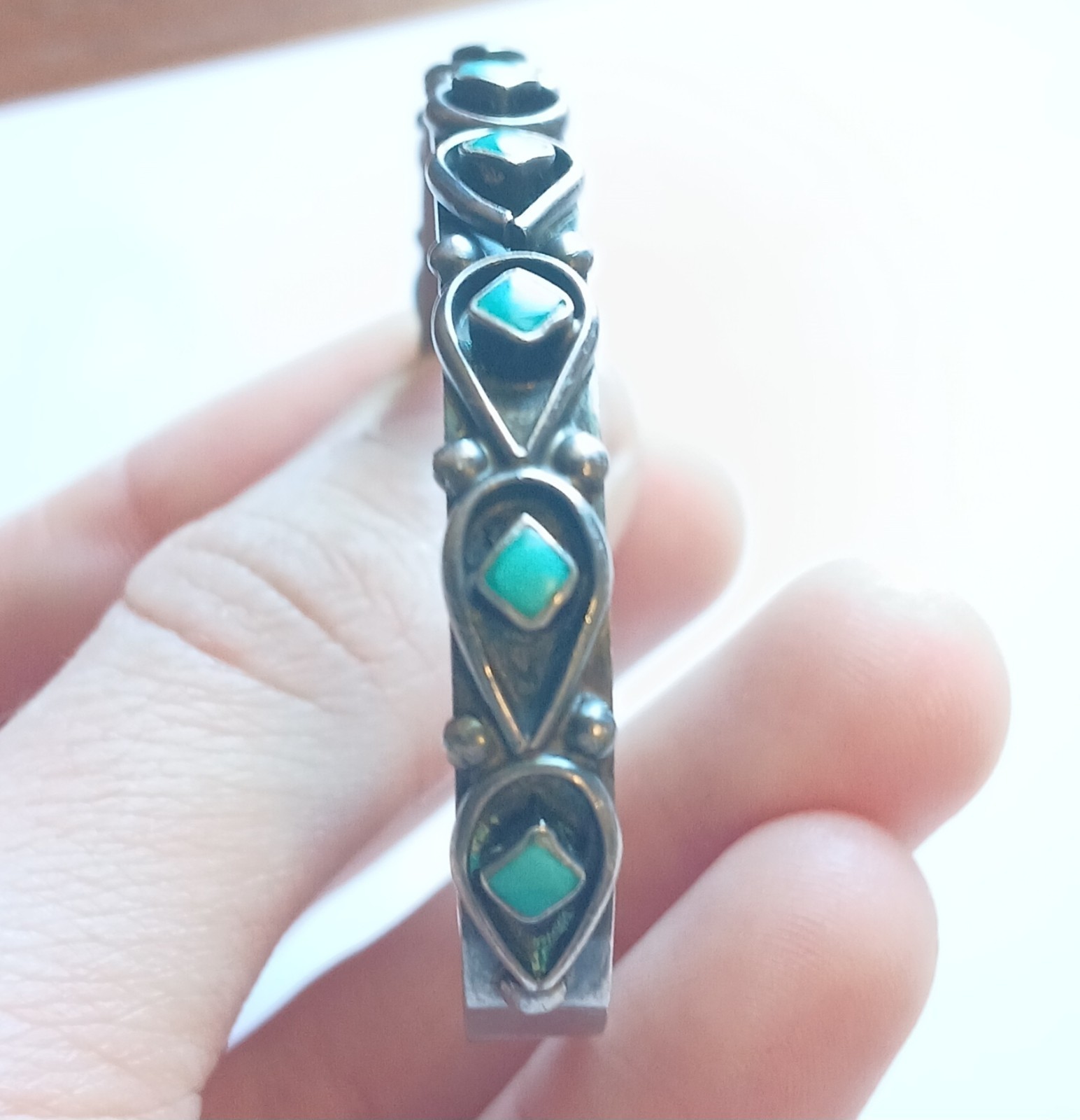 Vintage Zuni Turquoise Sterling Silver Shadowbox Cuff Bracelet Signed CACHINI
