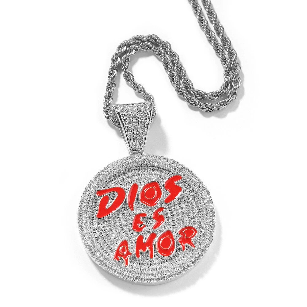 Iced “Dios Es Amor” Round Medallion Zircon Pendant With Free Chain A+++++
