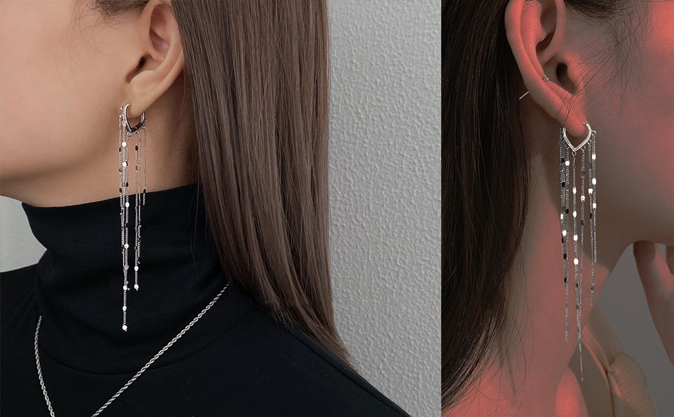 Long Tassel Dangle Drop Earrings for Woman Tassel Dangling Earrings 925 Silver