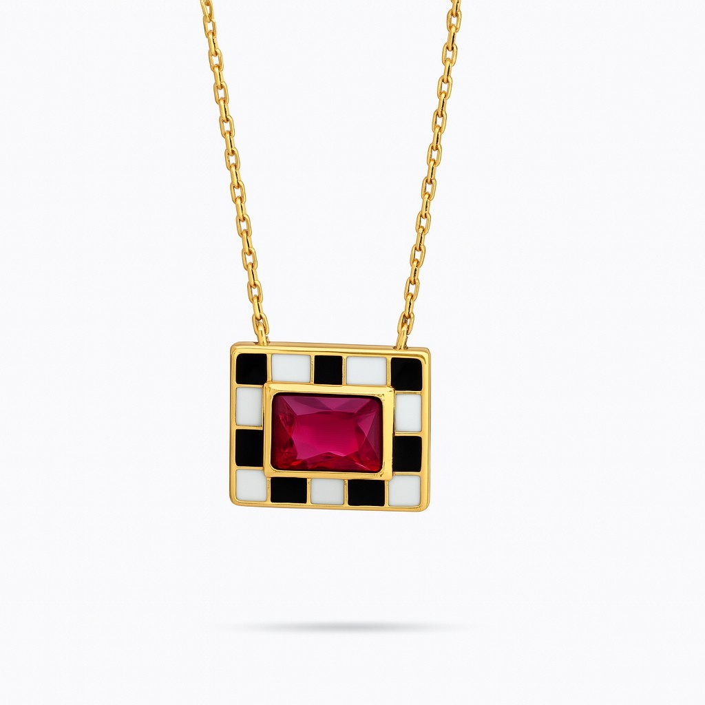 14k Gold Lab-Created Ruby Checkerboard Necklace Black White Enamel Pendant Women