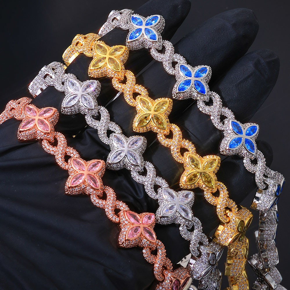 18K Gold Plated Four Leaf Clover Chain 5A Iced CZ Out Hip Hop Jewelry for Men