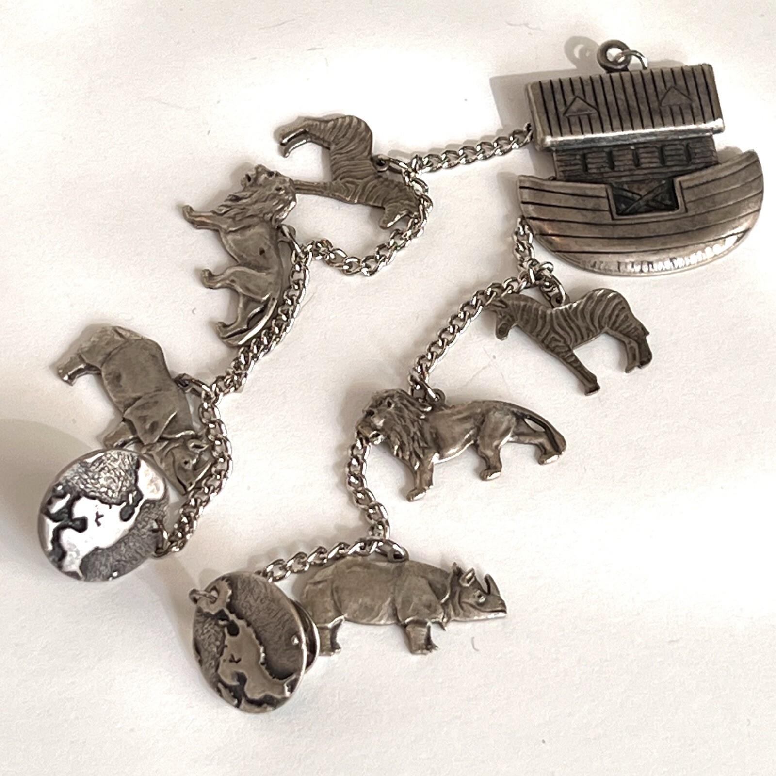 Noahs Ark Charm Brooch Silver Tone Vintage Chain With Animals And Globes On End