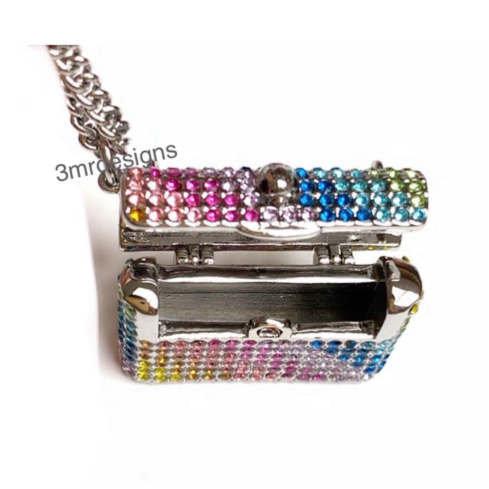 NWT KURT GEIGER Rainbow Crystals Silver Tone Kensington Mini Bag Long Necklace