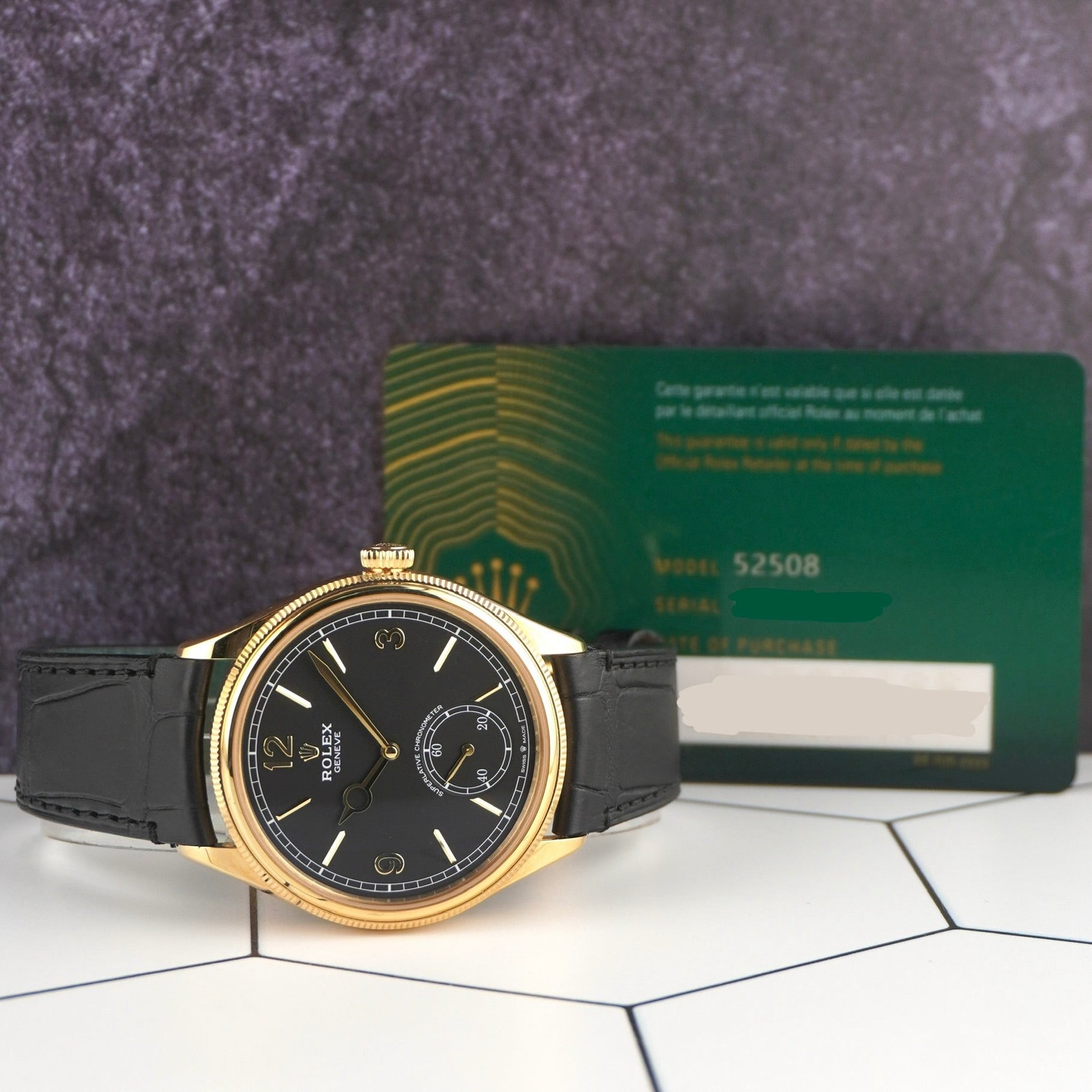 Rolex 1908 39mm Yellow Gold Black Dial Leather Band Men’s Watch 52508