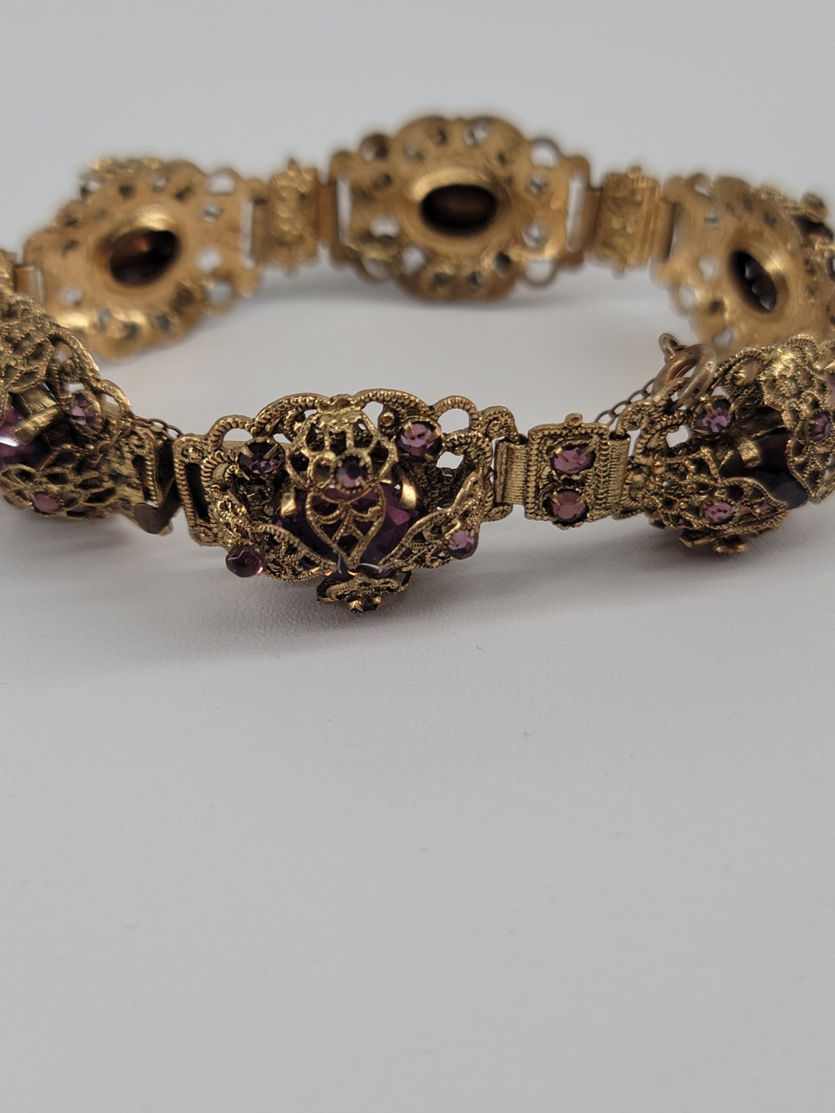 Vintage Art Deco Czech? Purple/Amethyst Glass & Crystal Filigree Bracelet